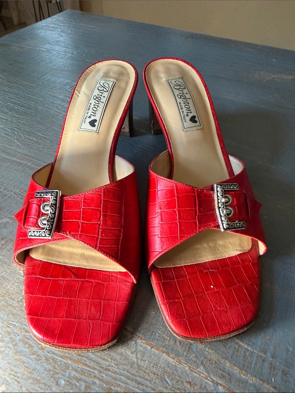 Brighton Red Croc-Embossed Buckle Slide Mules